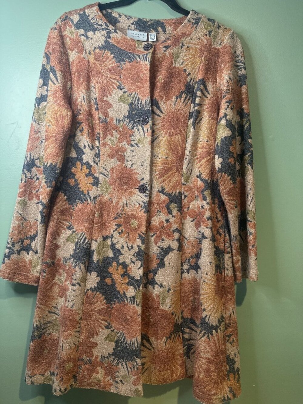 Susan Graver Shimmery Floral Long Cardigan Button Front Boho Size Small